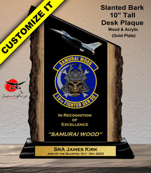 (Award) 10" Tall Slanted Bark, MDF Wood & Acrylic w/gold plate #AWRD-10SB-G03