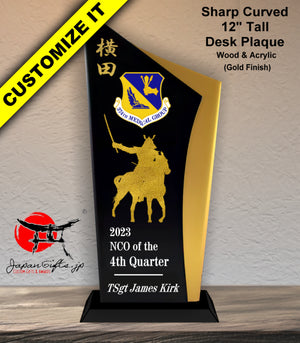 (Award) 12" Tall Sharp Curved, Gold Wood & Acrylic Desk Plaque #AWRD-12SC-G09