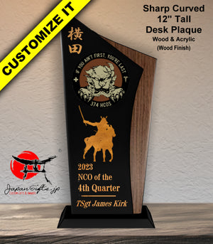 (Award) 12" Tall Sharp Curved Desk Plaque, Wood & Acrylic #AWRD-12SC-002